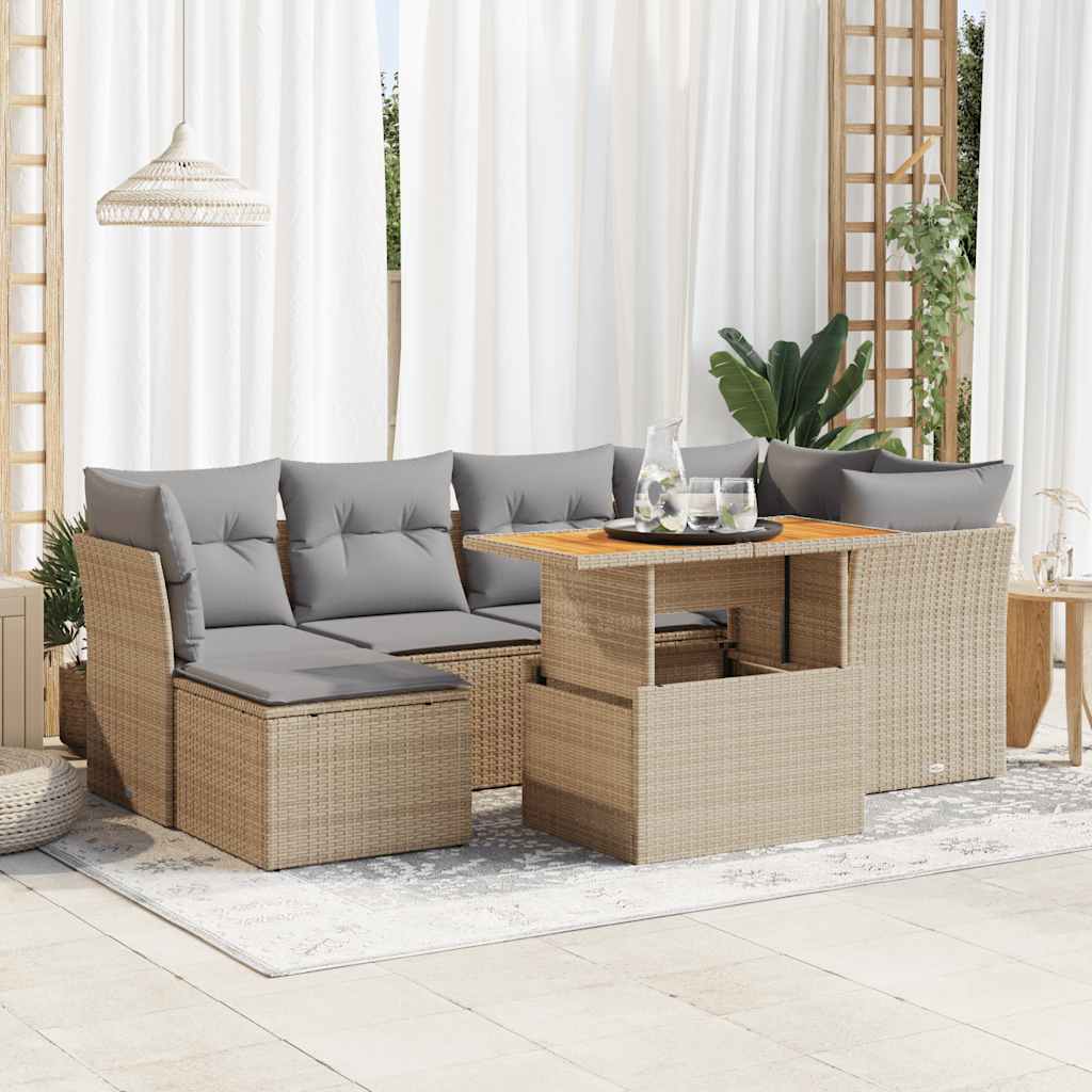 7-tlg. Garten-Sofagarnitur mit Kissen Schwarz Poly Rattan