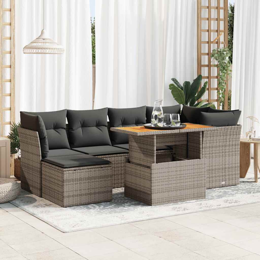 7-tlg. Garten-Sofagarnitur mit Kissen Schwarz Poly Rattan
