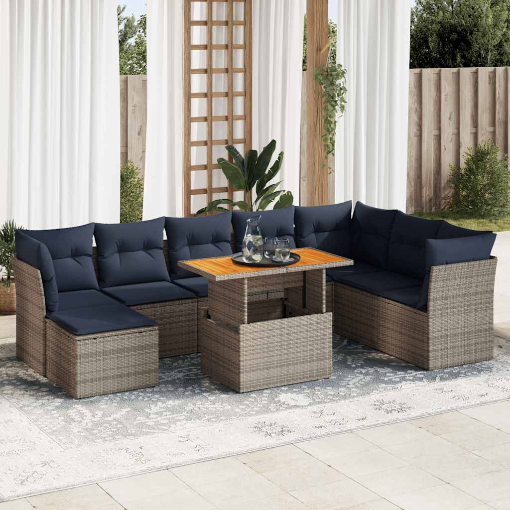9-tlg. Garten-Sofagarnitur mit Kissen Schwarz Poly Rattan