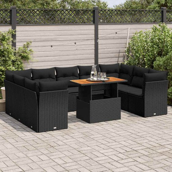 vidaXL 10-tlg. Garten-Sofagarnitur mit Kissen Schwarz Poly Rattan