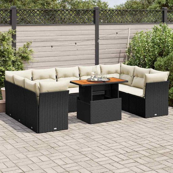 vidaXL 10-tlg. Garten-Sofagarnitur mit Kissen Schwarz Poly Rattan
