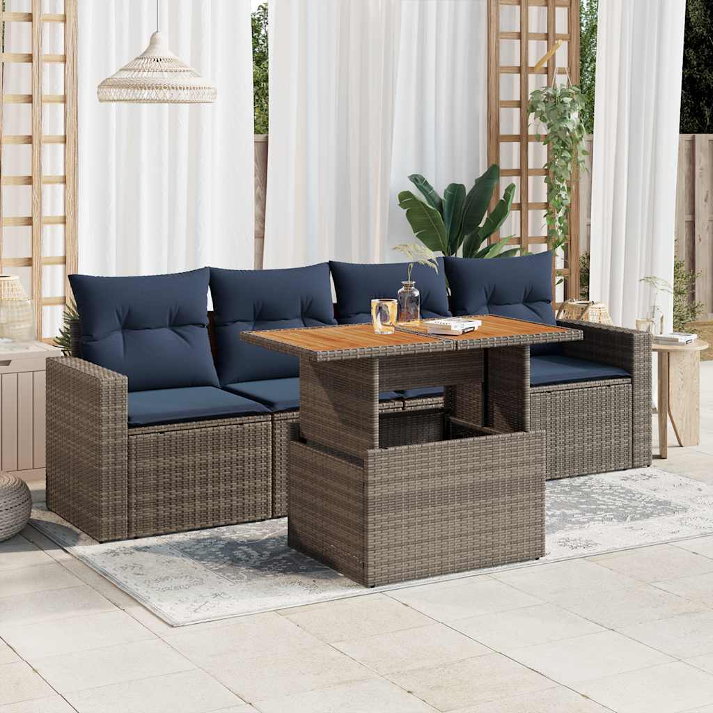 5-tlg. Garten-Sofagarnitur mit Kissen Schwarz Poly Rattan