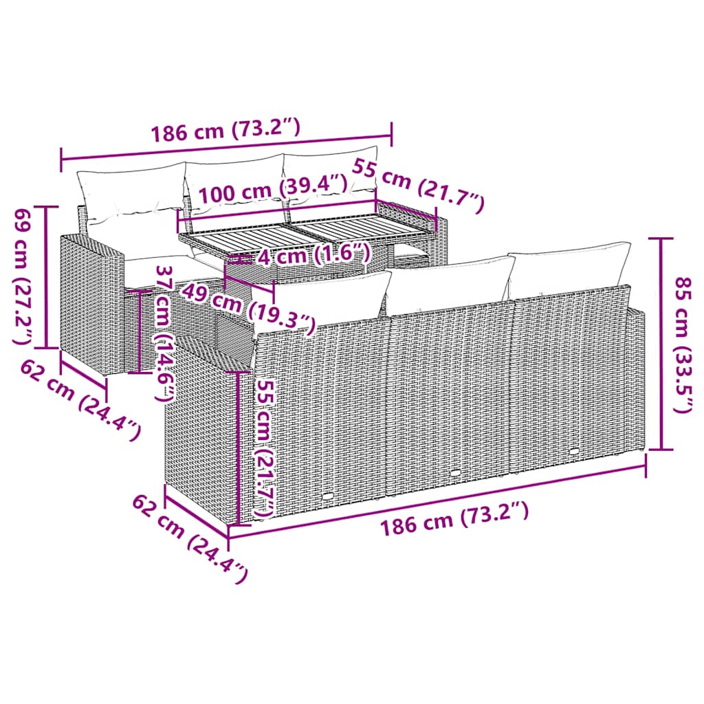7-tlg. Garten-Sofagarnitur mit Kissen Schwarz Poly Rattan