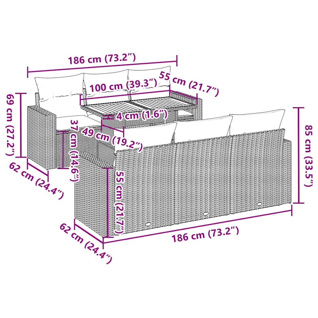 7-tlg. Garten-Sofagarnitur mit Kissen Schwarz Poly Rattan