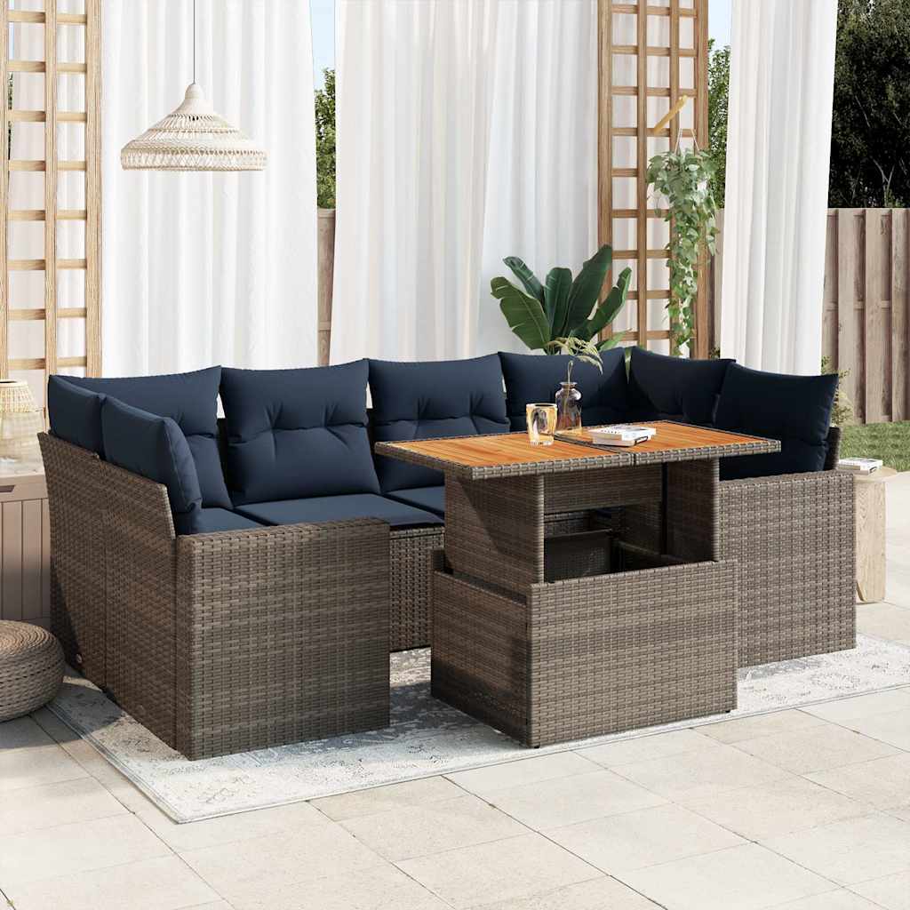 7-tlg. Garten-Sofagarnitur mit Kissen Schwarz Poly Rattan