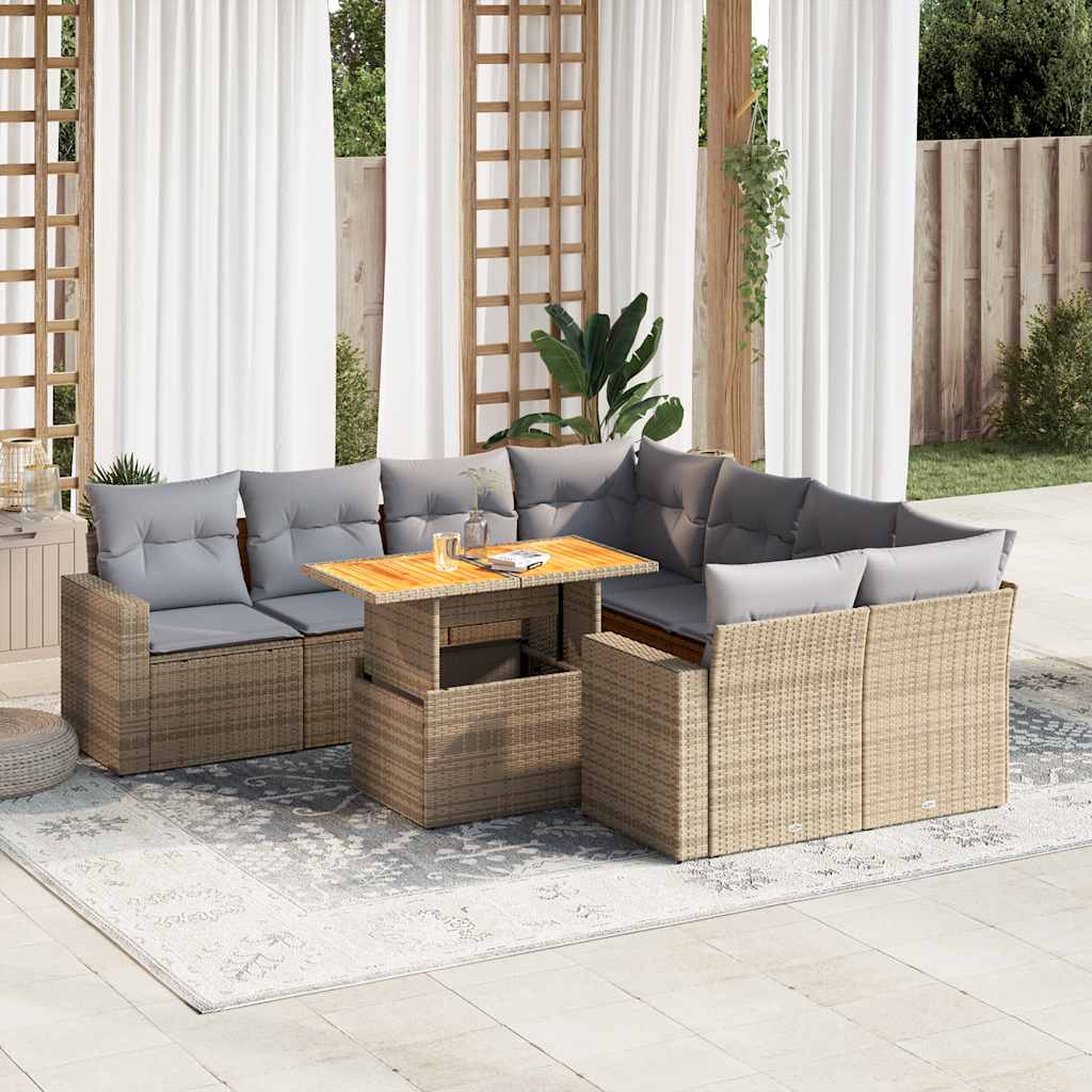 9-tlg. Garten-Sofagarnitur mit Kissen Schwarz Poly Rattan