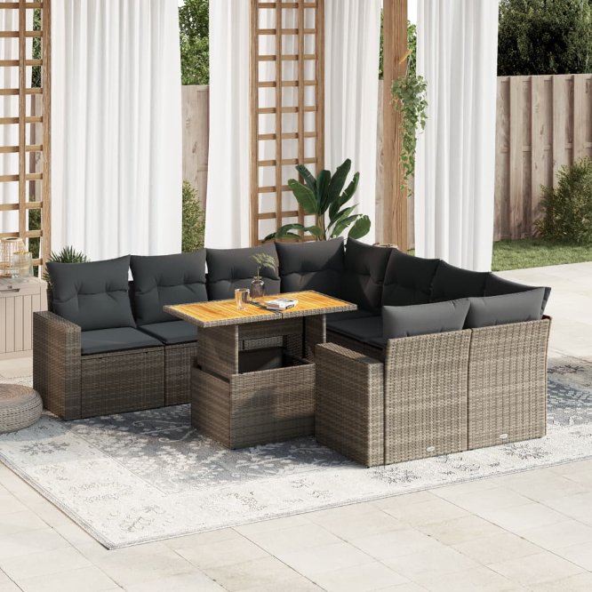 9-tlg. Garten-Sofagarnitur mit Kissen Schwarz Poly Rattan