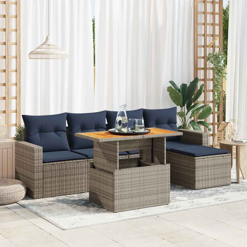 6-tlg. Garten-Sofagarnitur mit Kissen Schwarz Poly Rattan