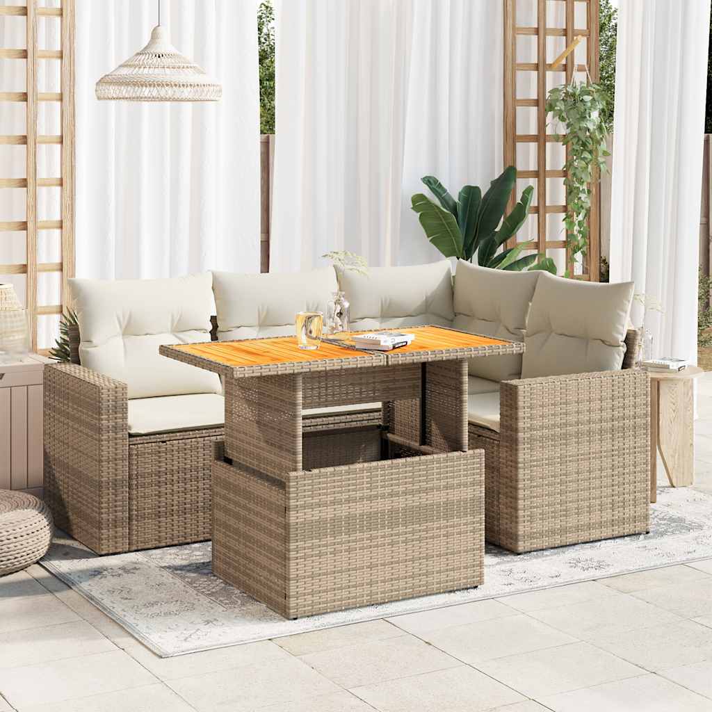 5-tlg. Garten-Sofagarnitur mit Kissen Schwarz Poly Rattan