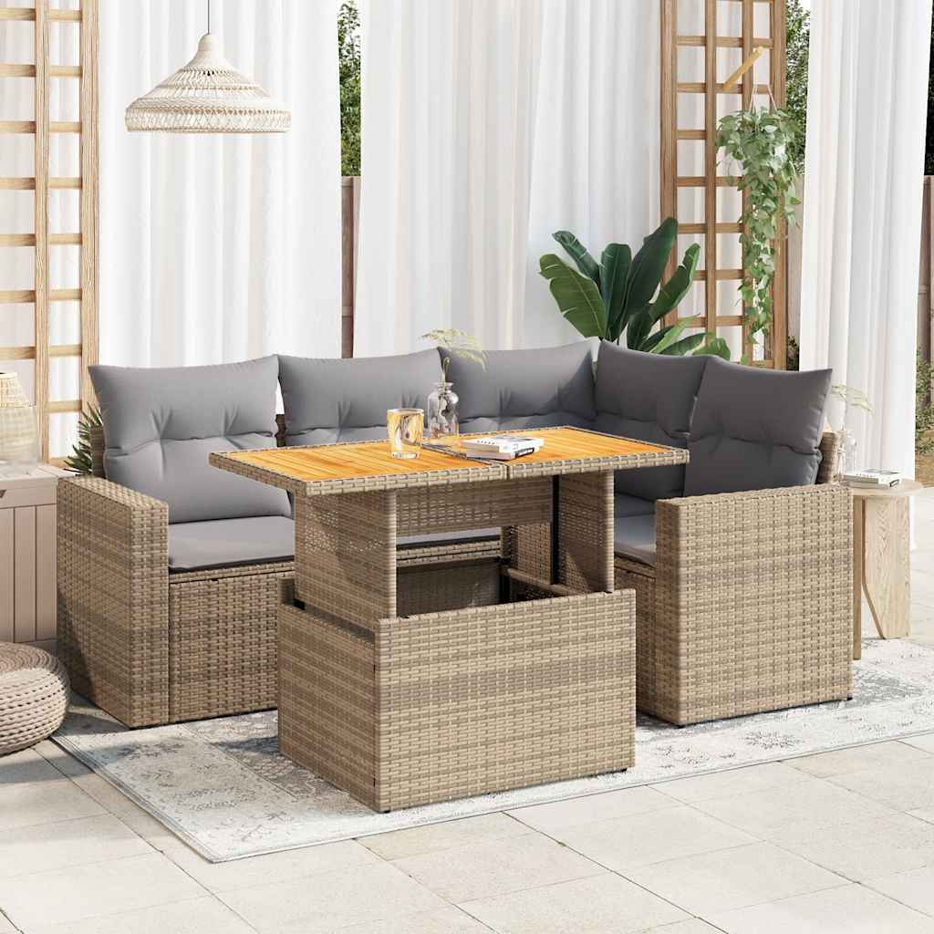 5-tlg. Garten-Sofagarnitur mit Kissen Schwarz Poly Rattan