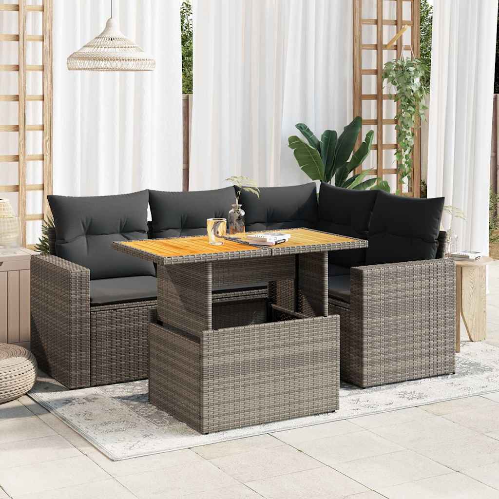 5-tlg. Garten-Sofagarnitur mit Kissen Schwarz Poly Rattan