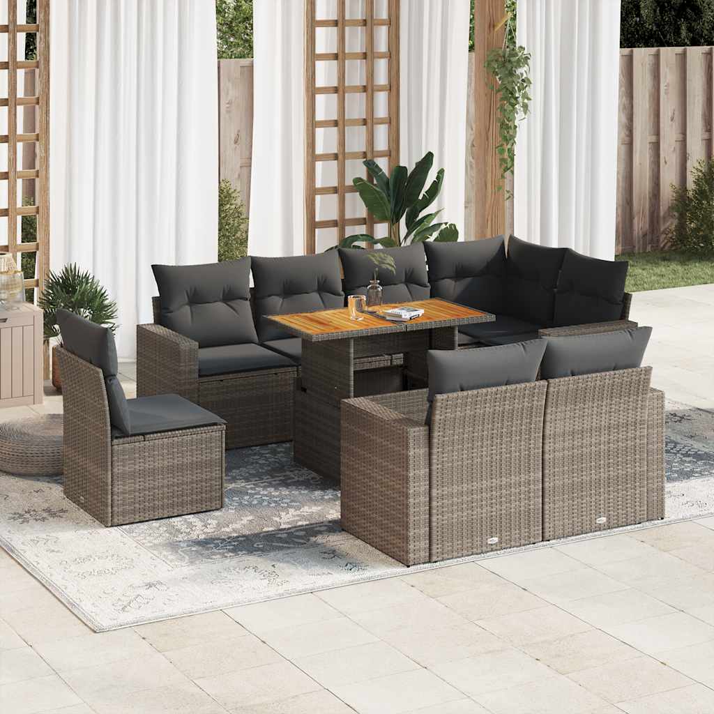 9-tlg. Garten-Sofagarnitur mit Kissen Schwarz Poly Rattan