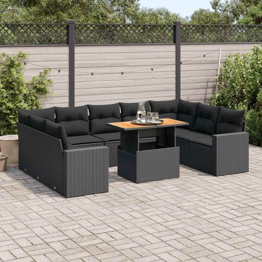 vidaXL 10-tlg. Garten-Sofagarnitur mit Kissen Schwarz Poly Rattan