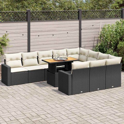 vidaXL 11-tlg. Garten-Sofagarnitur mit Kissen Schwarz Poly Rattan
