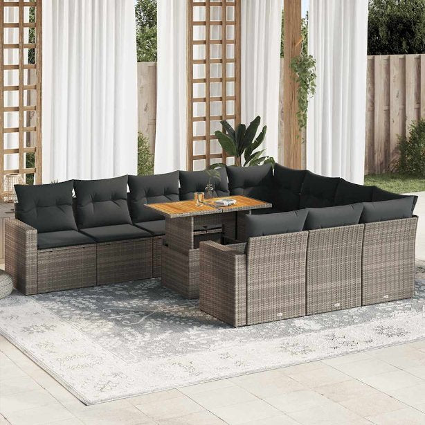 vidaXL 11-tlg. Garten-Sofagarnitur mit Kissen Schwarz Poly Rattan