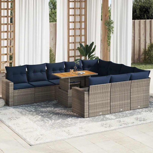 vidaXL 11-tlg. Garten-Sofagarnitur mit Kissen Grau Poly Rattan