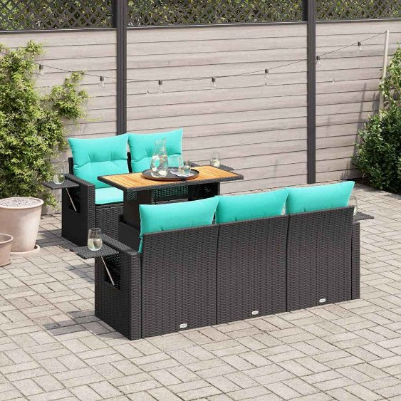 6-tlg. Garten-Sofagarnitur mit Kissen Schwarz Poly Rattan