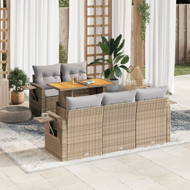 6-tlg. Garten-Sofagarnitur mit Kissen Schwarz Poly Rattan