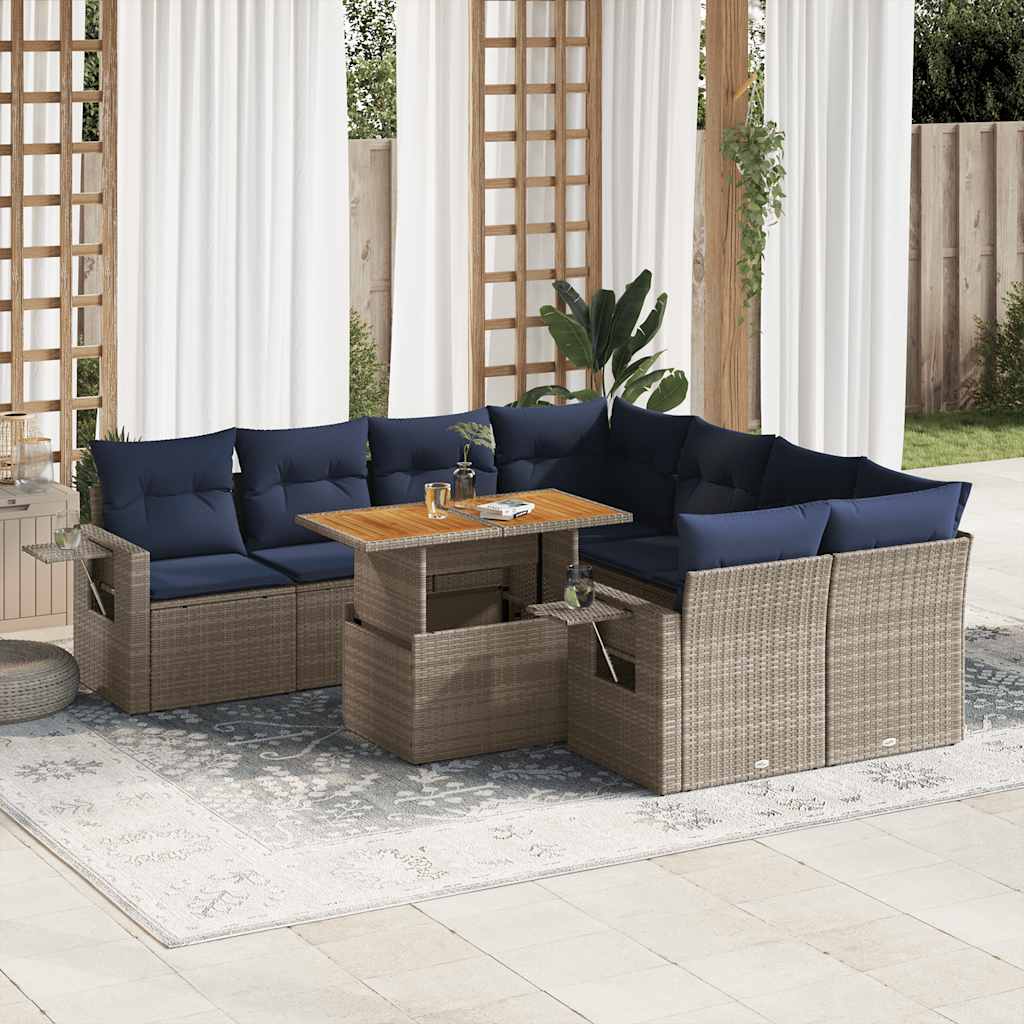 9-tlg. Garten-Sofagarnitur mit Kissen Schwarz Poly Rattan