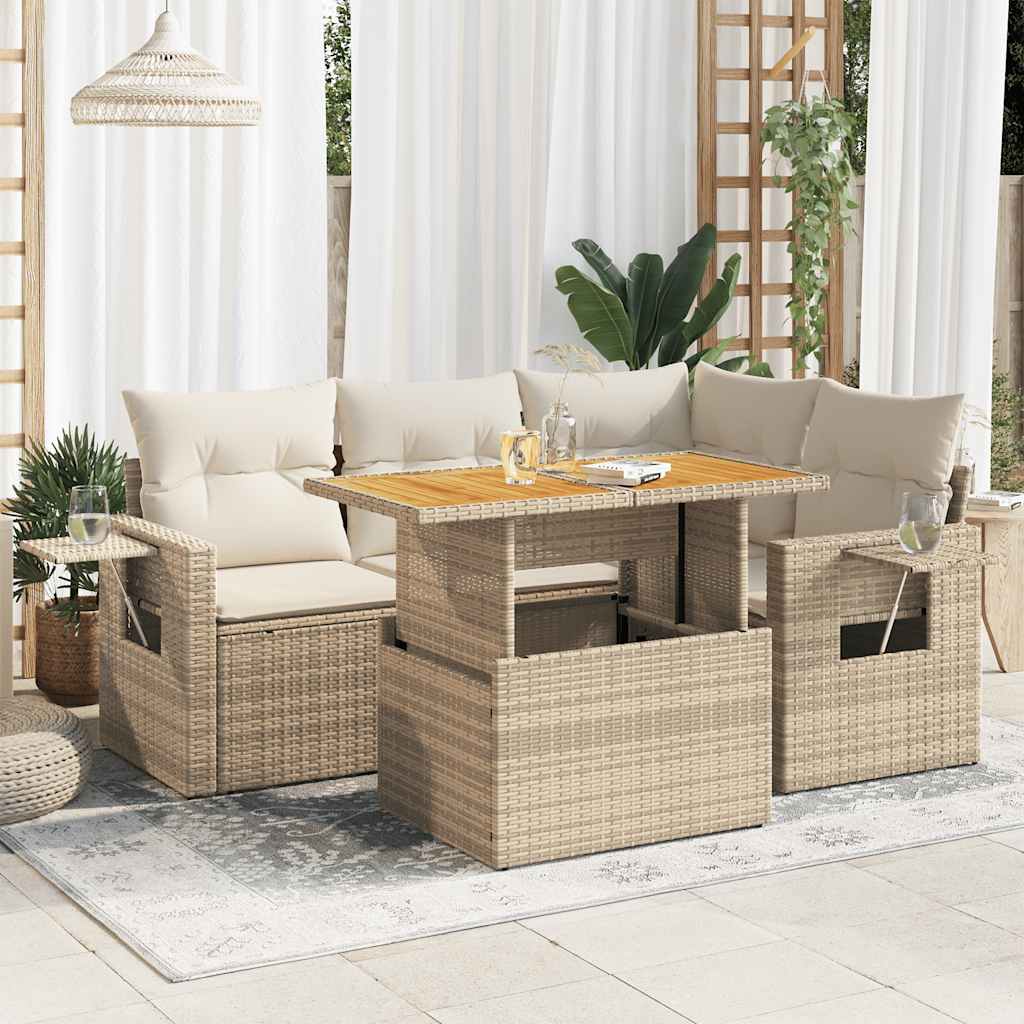 5-tlg. Garten-Sofagarnitur mit Kissen Schwarz Poly Rattan