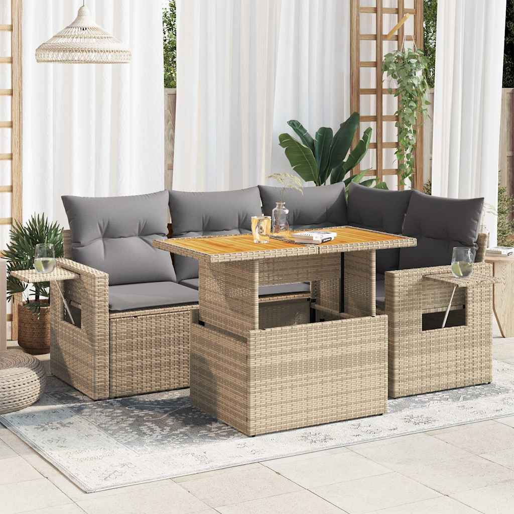 5-tlg. Garten-Sofagarnitur mit Kissen Schwarz Poly Rattan