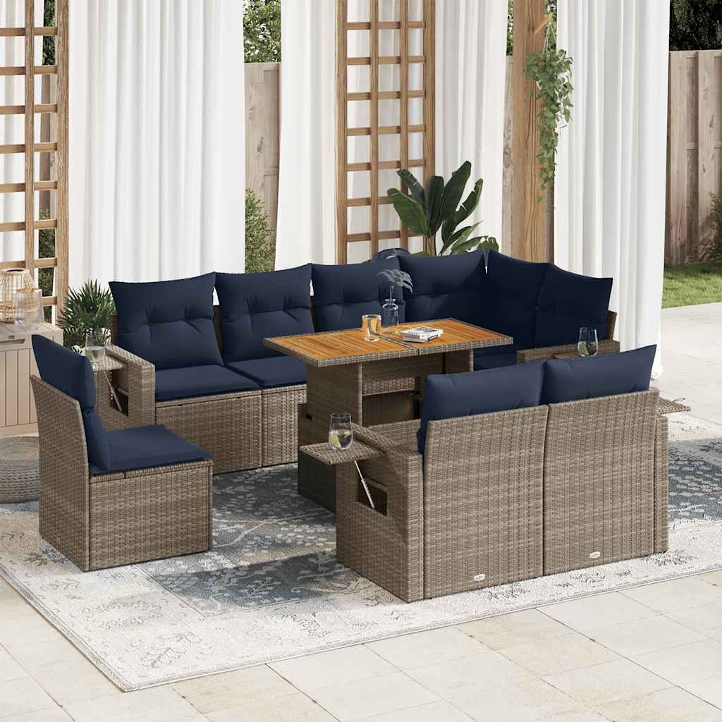 9-tlg. Garten-Sofagarnitur mit Kissen Schwarz Poly Rattan