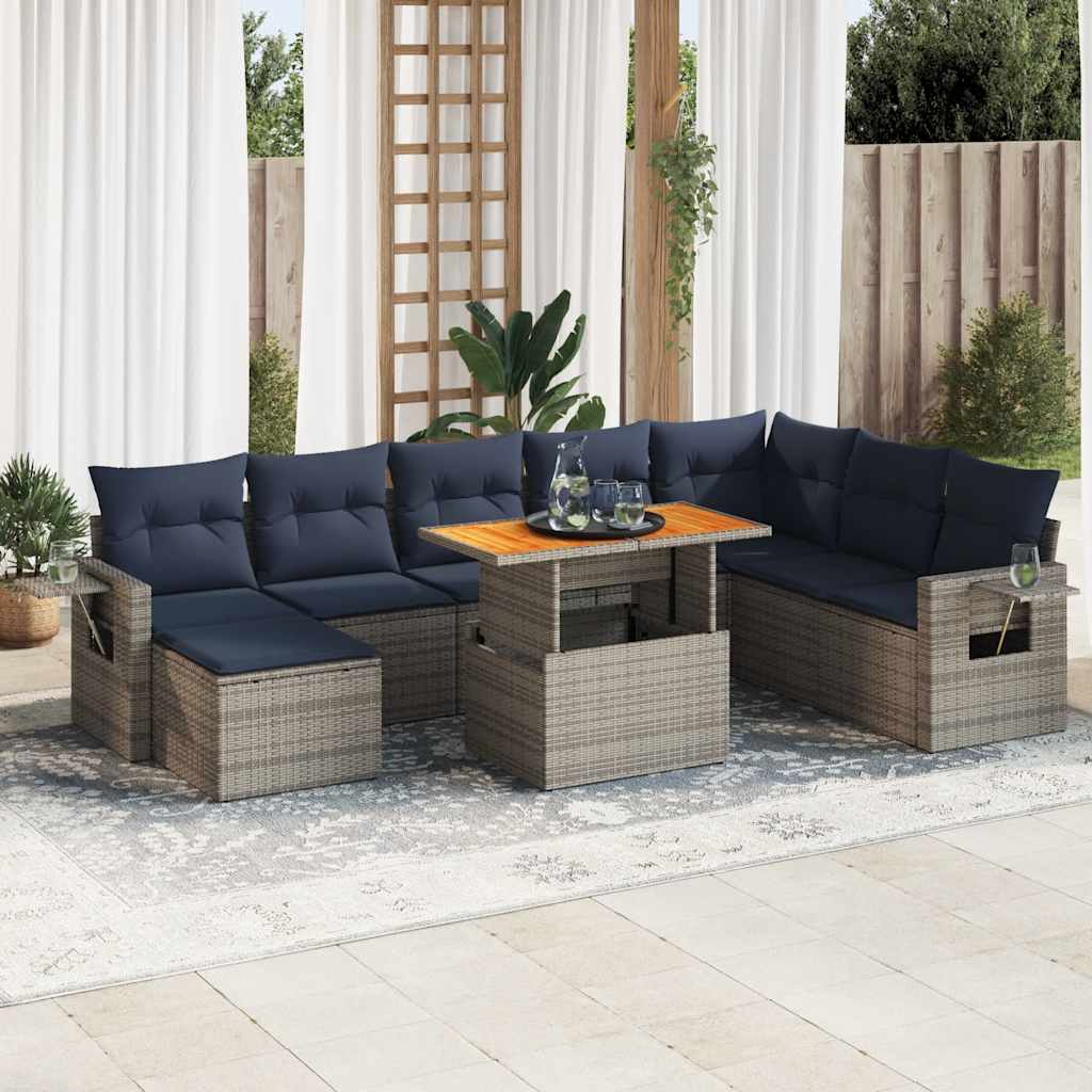 9-tlg. Garten-Sofagarnitur mit Kissen Schwarz Poly Rattan