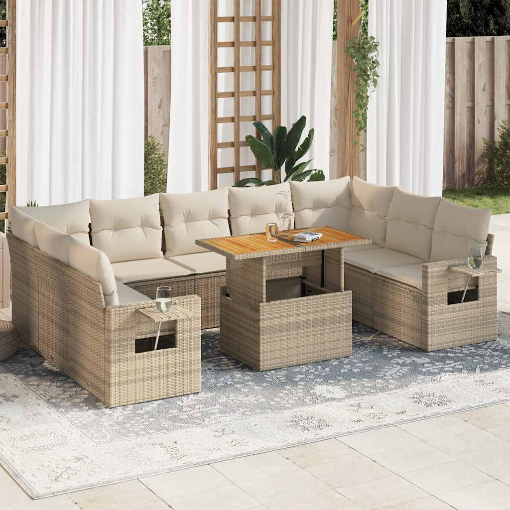 vidaXL 10-tlg. Garten-Sofagarnitur mit Kissen Schwarz Poly Rattan