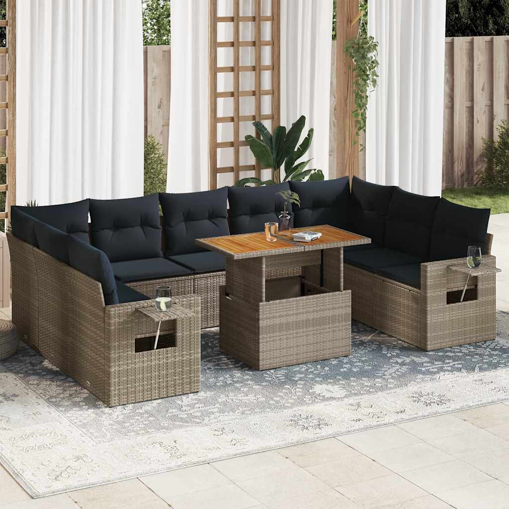 vidaXL 10-tlg. Garten-Sofagarnitur mit Kissen Grau Poly Rattan