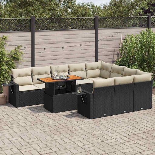 vidaXL 11-tlg. Garten-Sofagarnitur mit Kissen Schwarz Poly Rattan