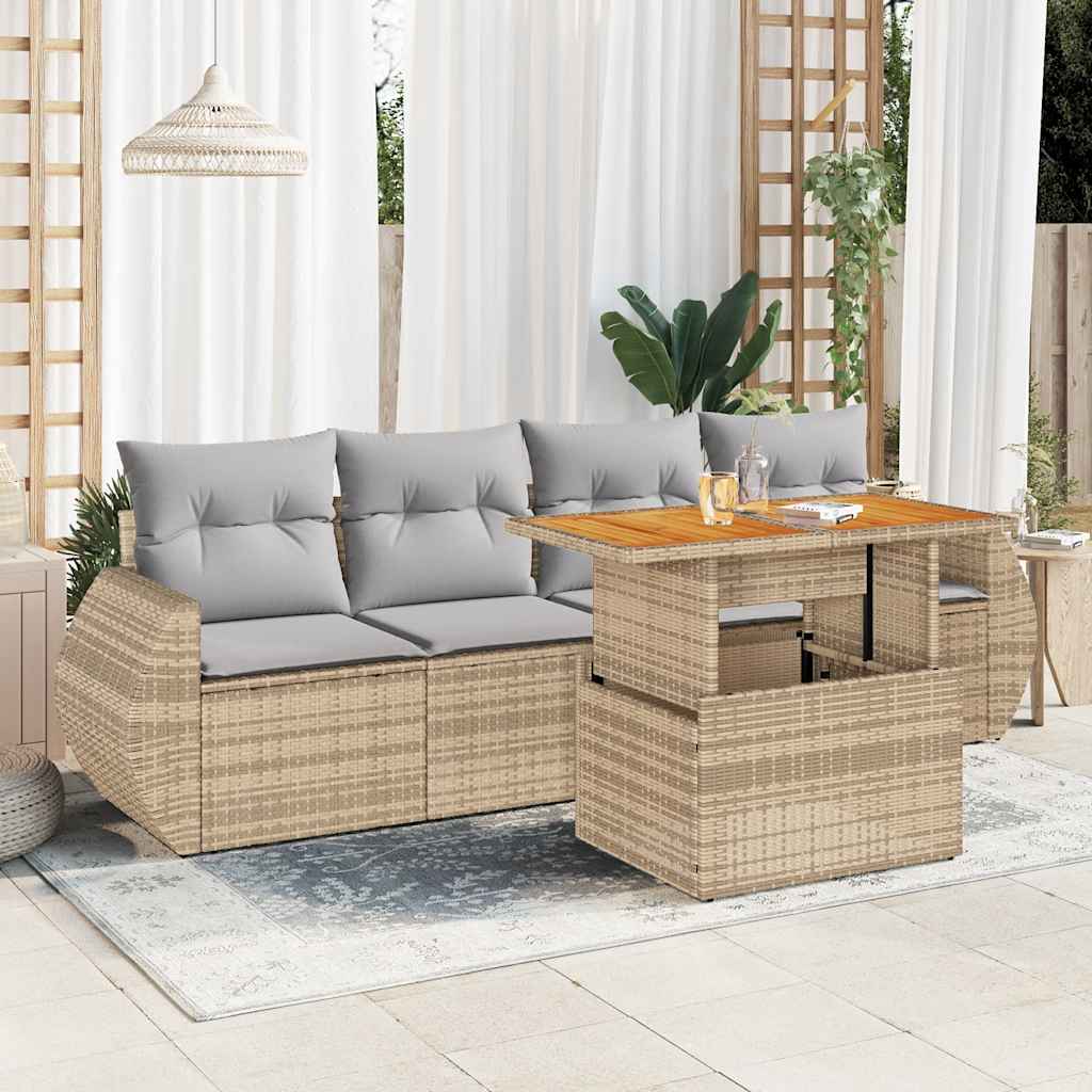 5-tlg. Garten-Sofagarnitur mit Kissen Schwarz Poly Rattan