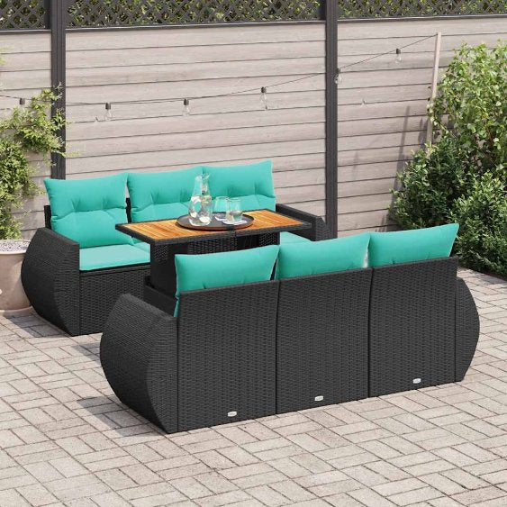 7-tlg. Garten-Sofagarnitur mit Kissen Schwarz Poly Rattan