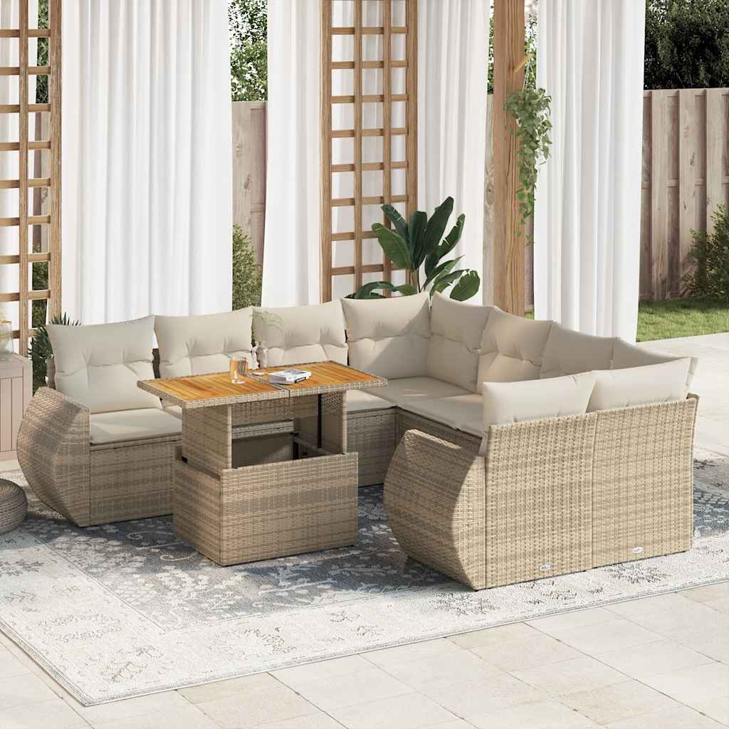9-tlg. Garten-Sofagarnitur mit Kissen Schwarz Poly Rattan
