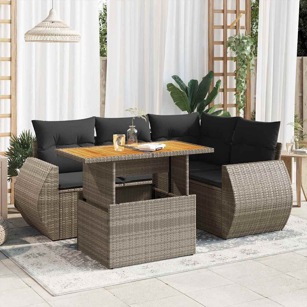 5-tlg. Garten-Sofagarnitur mit Kissen Schwarz Poly Rattan