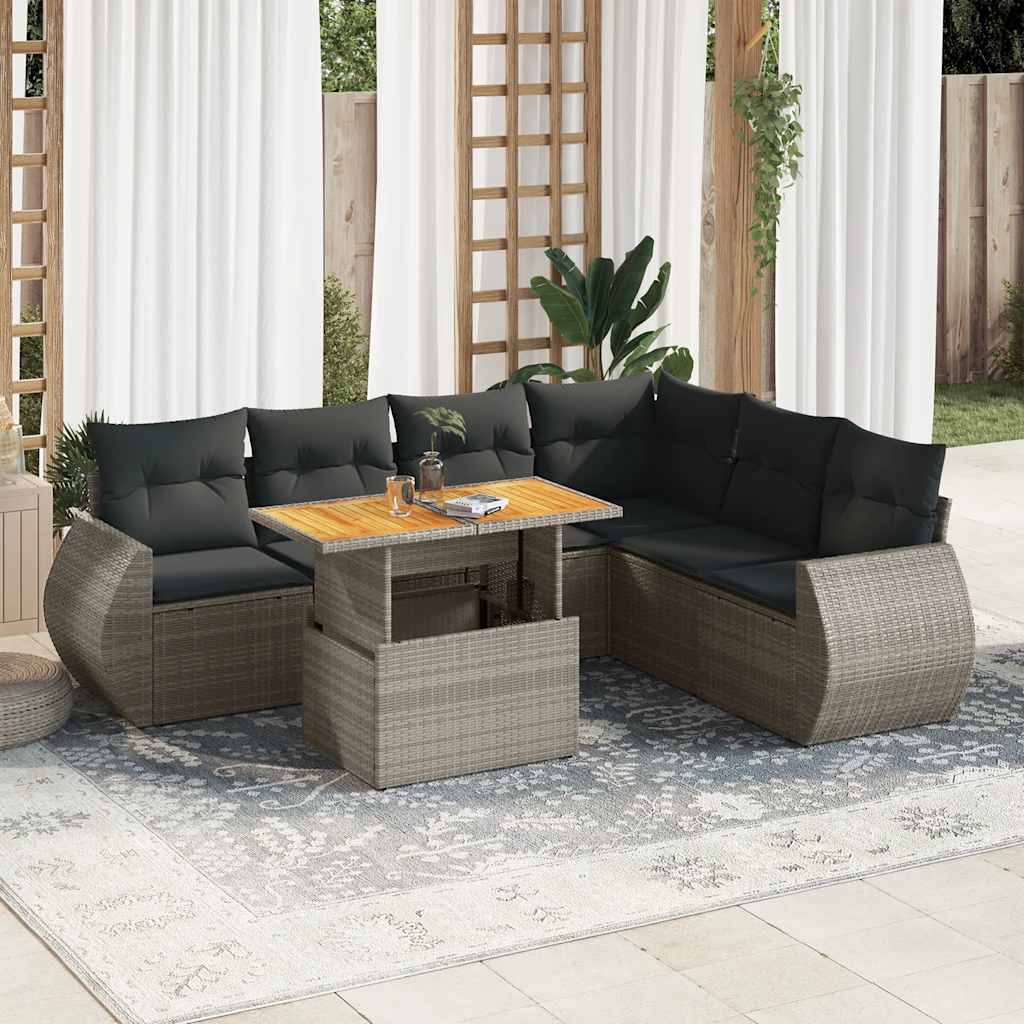 7-tlg. Garten-Sofagarnitur mit Kissen Schwarz Poly Rattan