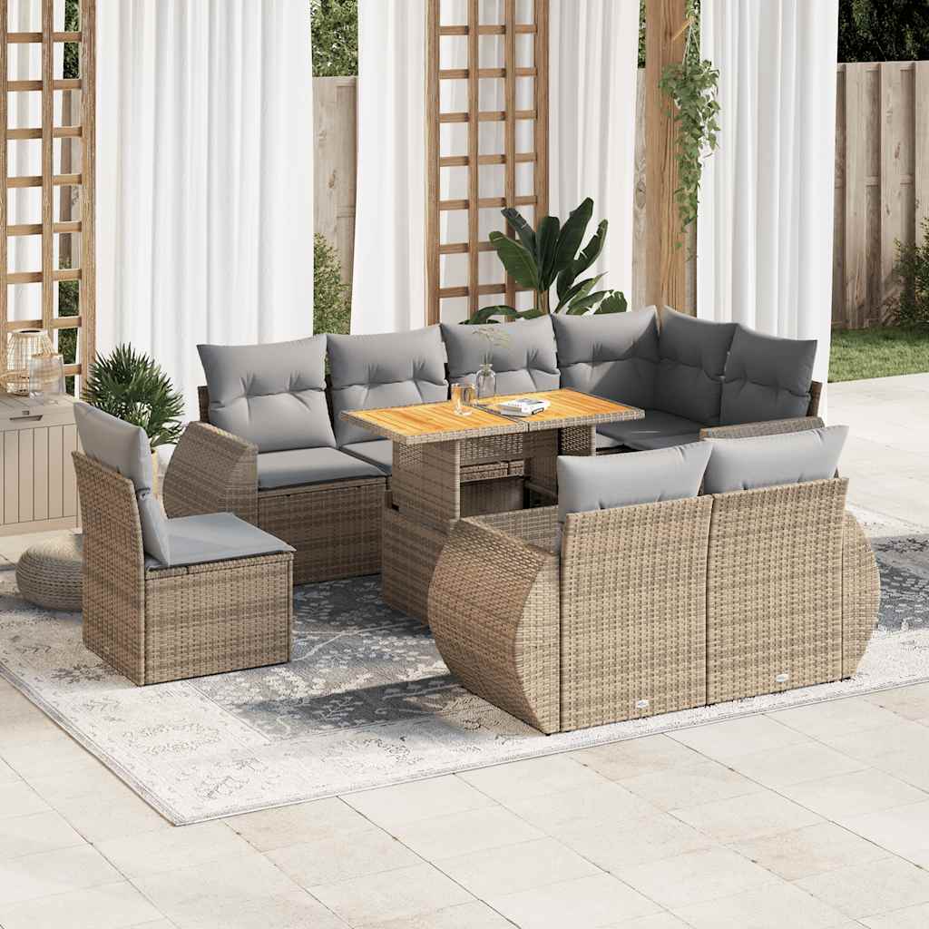 9-tlg. Garten-Sofagarnitur mit Kissen Schwarz Poly Rattan