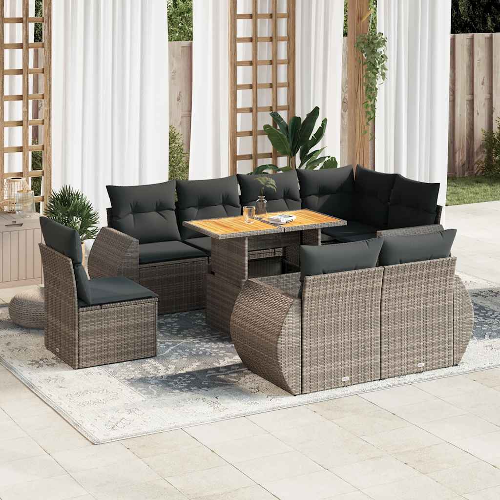 9-tlg. Garten-Sofagarnitur mit Kissen Schwarz Poly Rattan