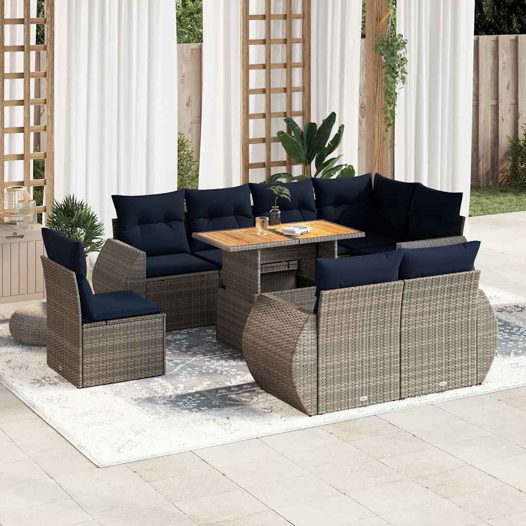 9-tlg. Garten-Sofagarnitur mit Kissen Schwarz Poly Rattan