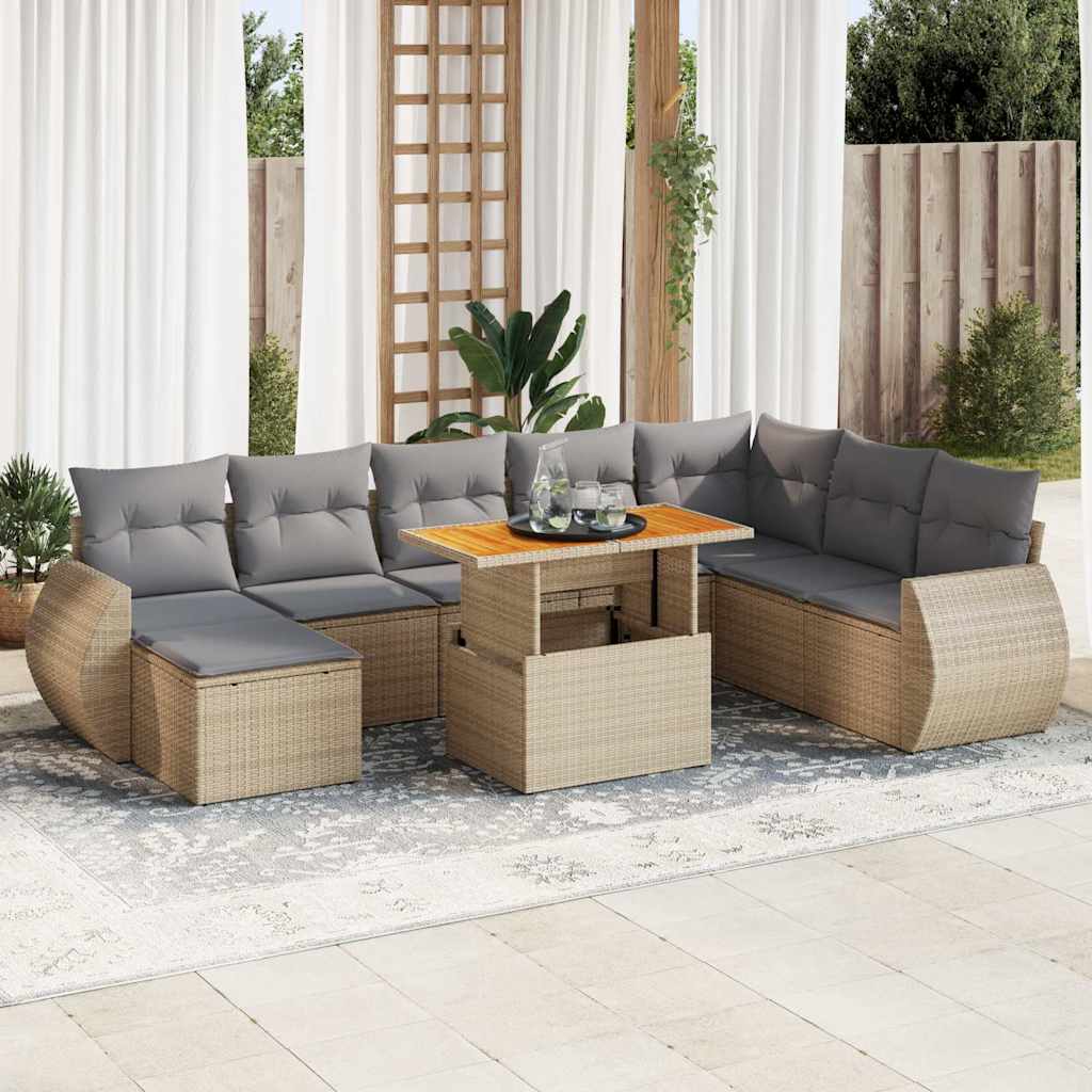 9-tlg. Garten-Sofagarnitur mit Kissen Schwarz Poly Rattan