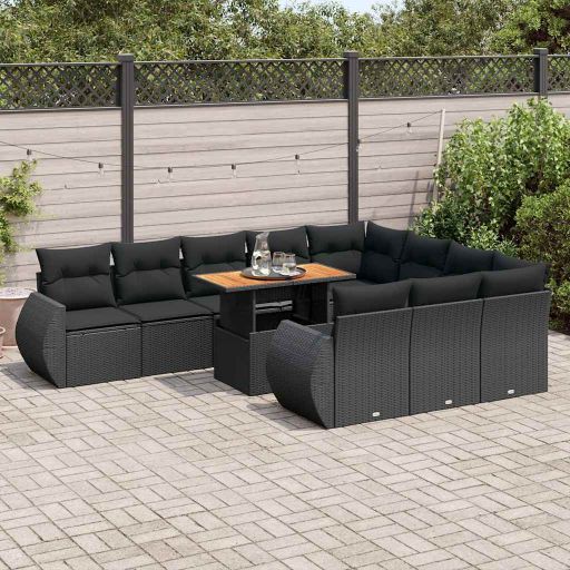 vidaXL 11-tlg. Garten-Sofagarnitur mit Kissen Schwarz Poly Rattan