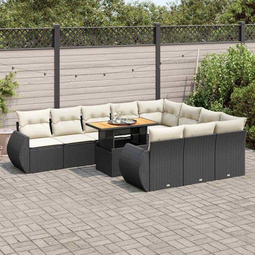 vidaXL 11-tlg. Garten-Sofagarnitur mit Kissen Schwarz Poly Rattan