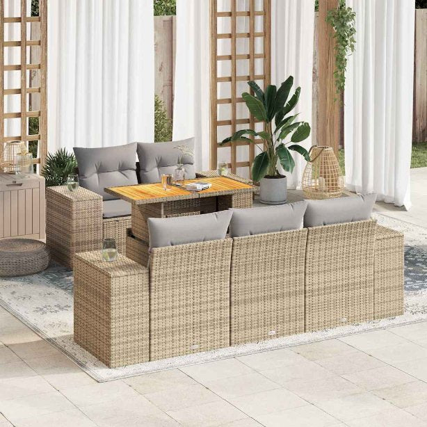 6-tlg. Garten-Sofagarnitur mit Kissen Schwarz Poly Rattan