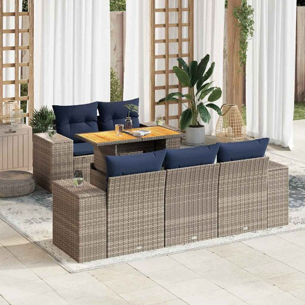 6-tlg. Garten-Sofagarnitur mit Kissen Schwarz Poly Rattan