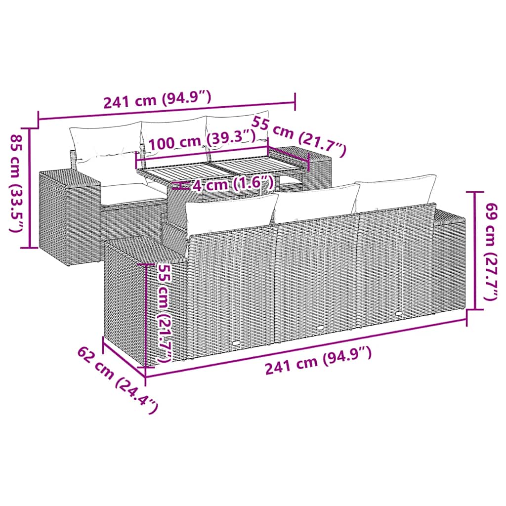 7-tlg. Garten-Sofagarnitur mit Kissen Schwarz Poly Rattan