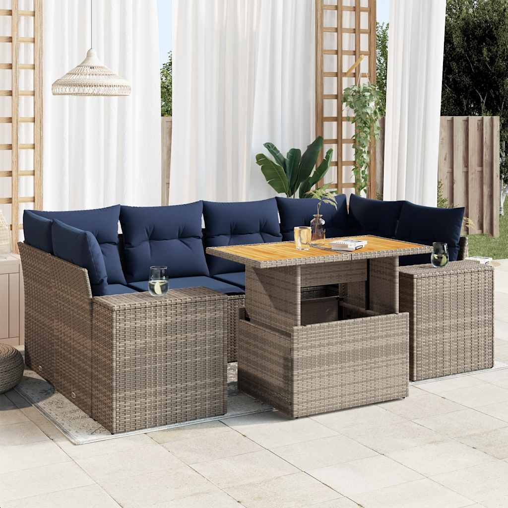 7-tlg. Garten-Sofagarnitur mit Kissen Schwarz Poly Rattan