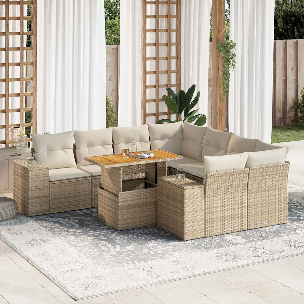9-tlg. Garten-Sofagarnitur mit Kissen Schwarz Poly Rattan