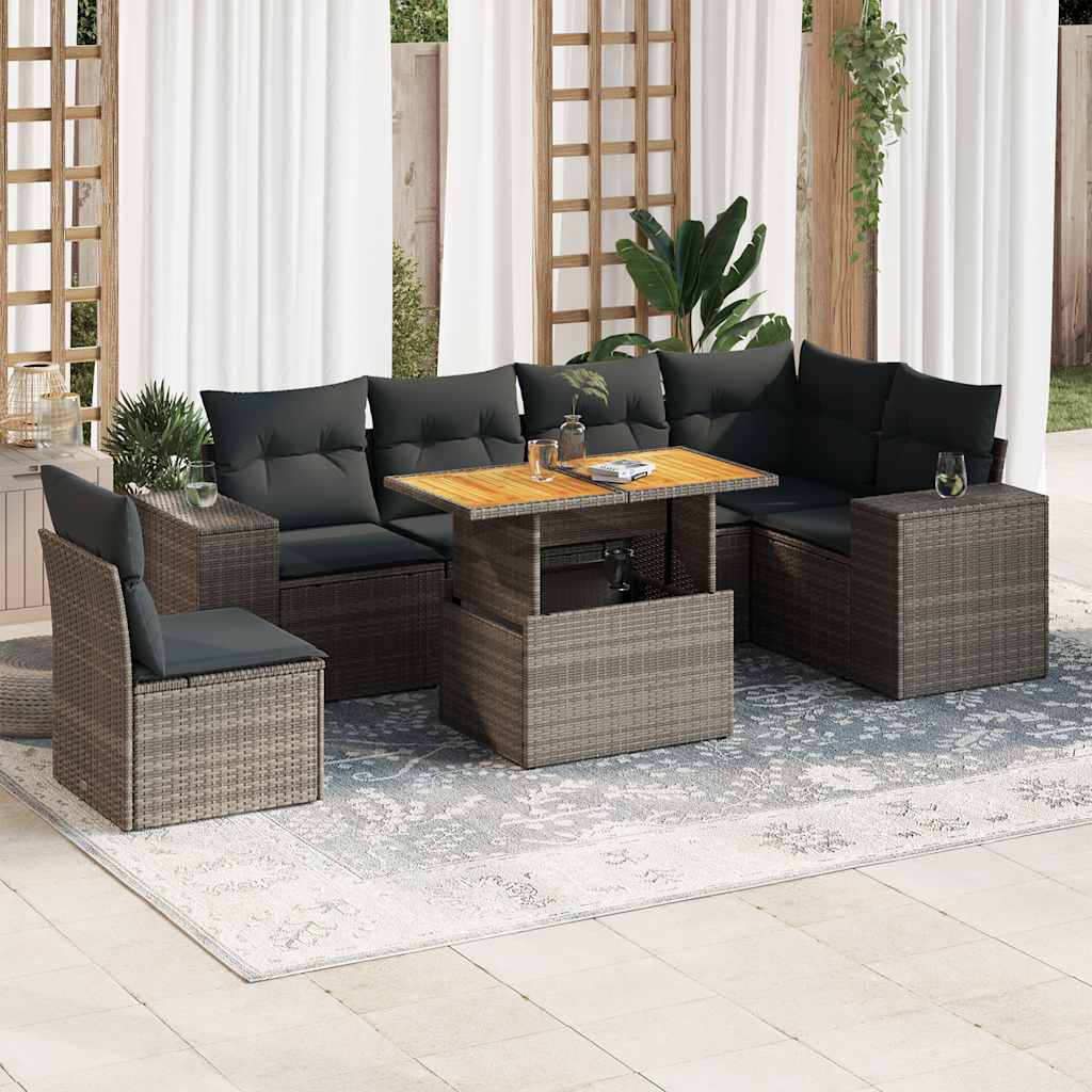 7-tlg. Garten-Sofagarnitur mit Kissen Schwarz Poly Rattan