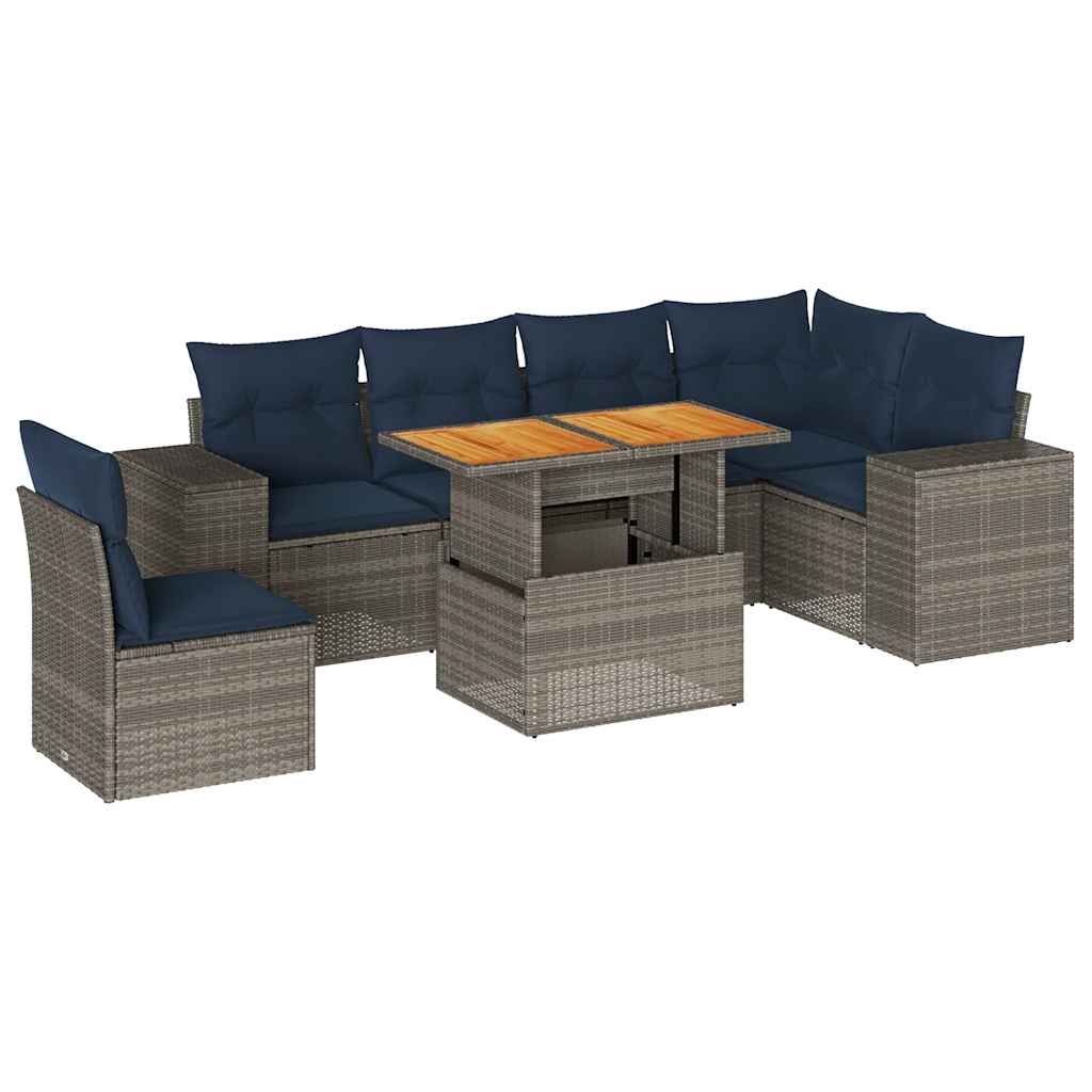 7-tlg. Garten-Sofagarnitur mit Kissen Grau Poly Rattan