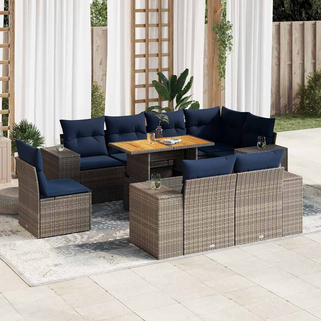 9-tlg. Garten-Sofagarnitur mit Kissen Schwarz Poly Rattan