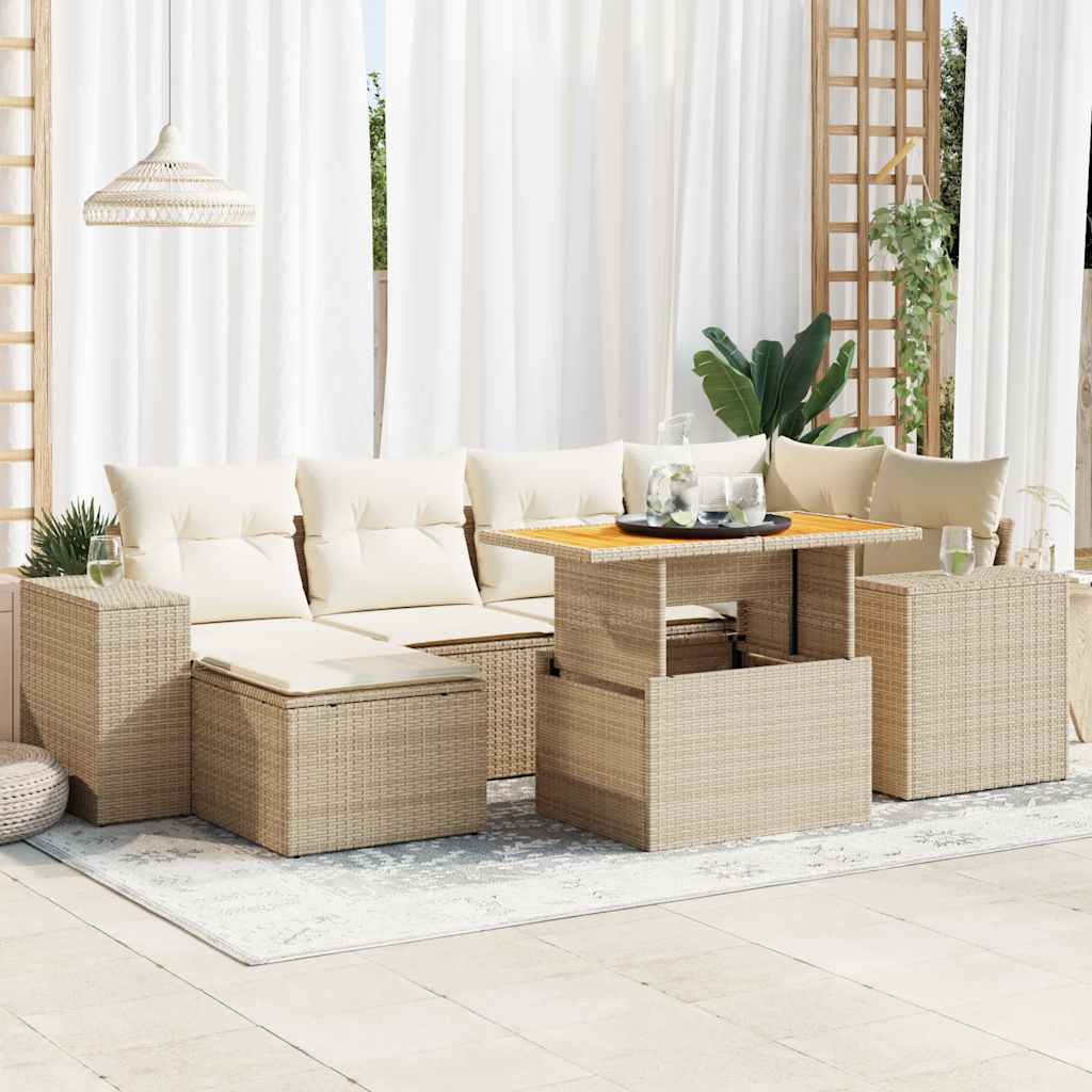 7-tlg. Garten-Sofagarnitur mit Kissen Schwarz Poly Rattan